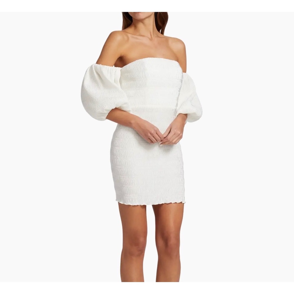 NWT L'IDEE Art Deco Minidress White Off Shoulder Plisse Puff Sleeve US 6